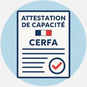 Attestation de capacité CERFA avec un logo français et une coche rouge.