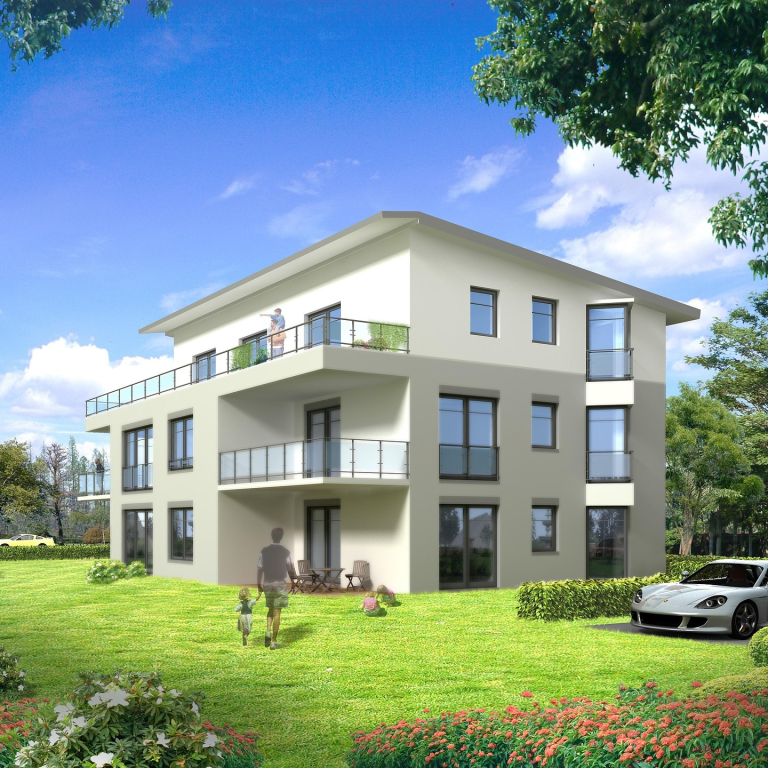 Maison moderne à trois étages avec balcons, jardin verdoyant et voiture à l'avant.