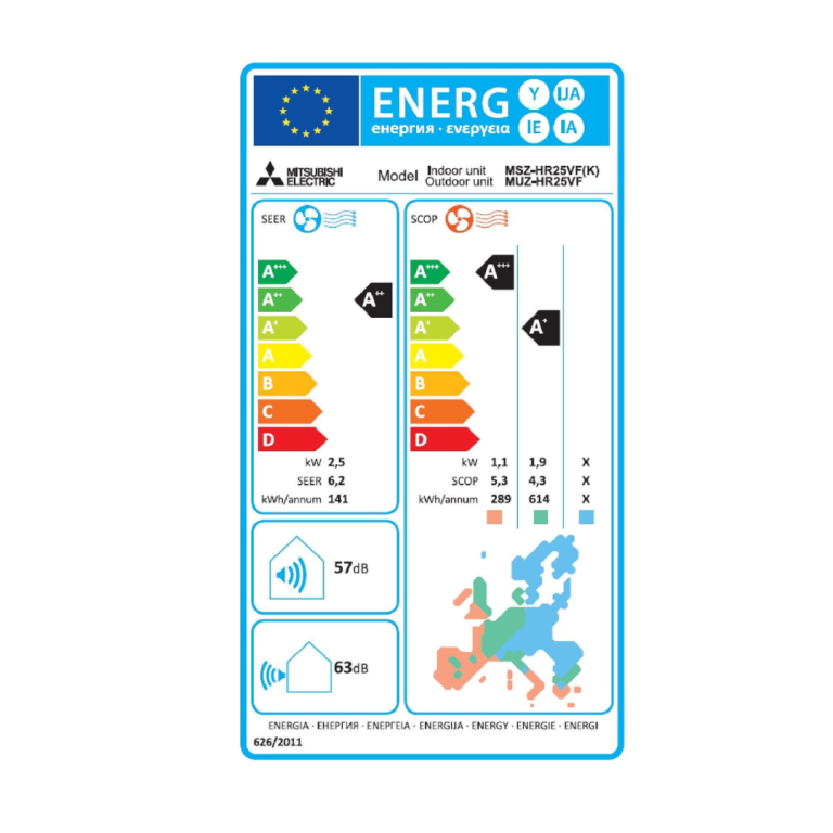 Étiquette énergétique affichant classe d'efficacité et niveaux sonores avec une carte de l'UE.