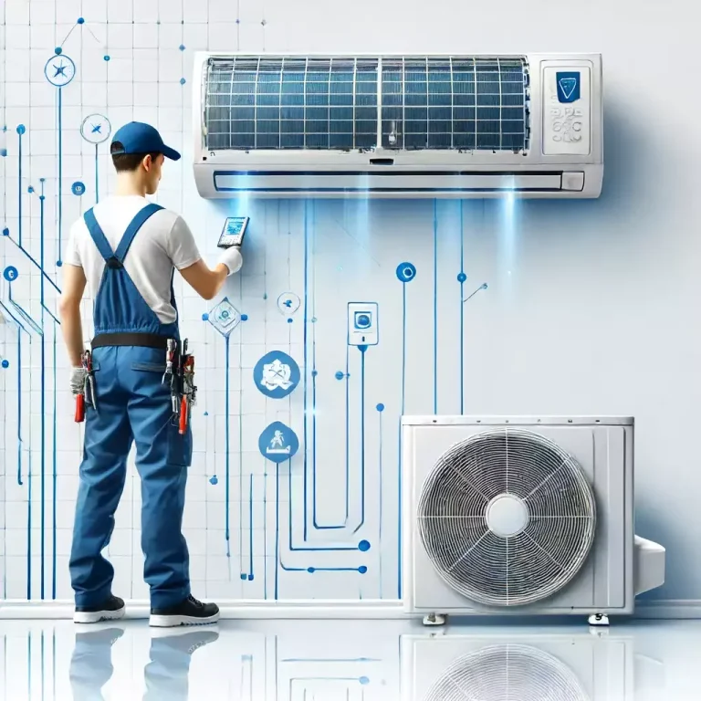 Technicien ajustant un climatiseur sur un mur avec des graphiques technologiques.