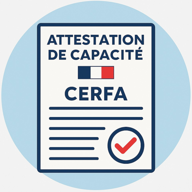 Attestation de capacité CERFA avec un symbole de validation.