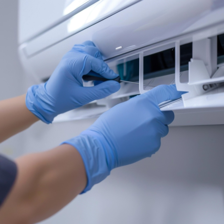 Technicien nettoyant un climatiseur avec des gants en latex.